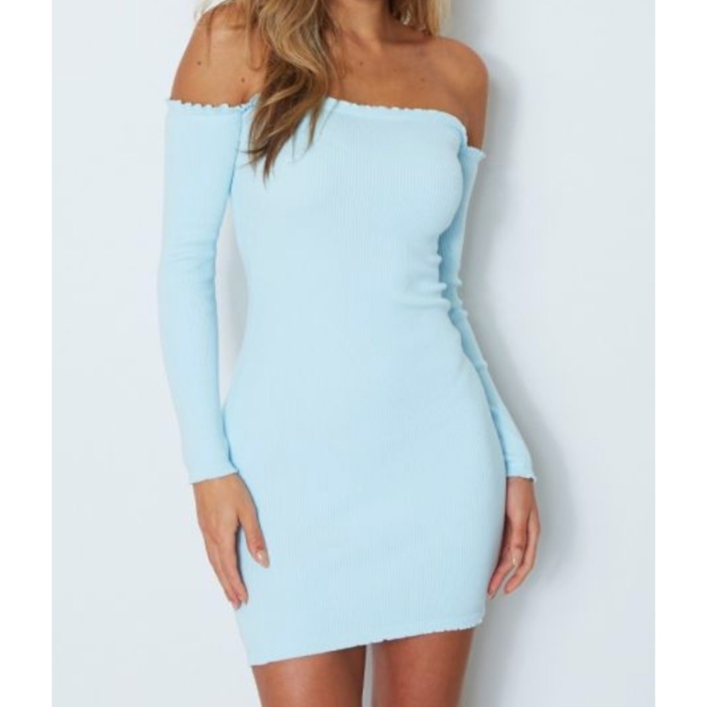 Off the shoulder long sleeve raw edge dress